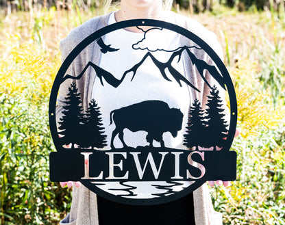 Custom Outdoor Bison Circle Monogram Sign | Lone Bison Decor | Bison Camp Sign | Buffalo Decor | Bison Name Metal Sign | Gift for Him