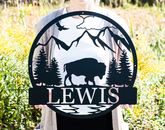 Custom Outdoor Bison Circle Monogram Sign | Lone Bison Decor | Bison Camp Sign | Buffalo Decor | Bison Name Metal Sign | Gift for Him