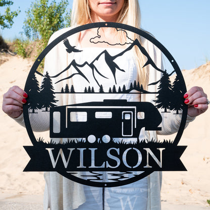 Custom Fifth Wheel Camper RV Sign | Metal Outdoor Camping Sign | Family Camp Sign | Mountain Camping | Sign for Campers Custom Campsite Sign