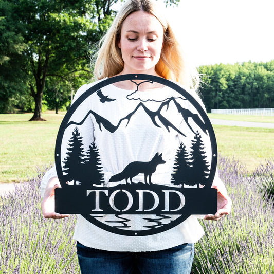 Personalized Metal Fox Outdoor Garden Decor | Metal Fox Decor | Sneaky Fox Yard Decor | Woodland Nursery Sign | Backyard Fox Hound Name Sign