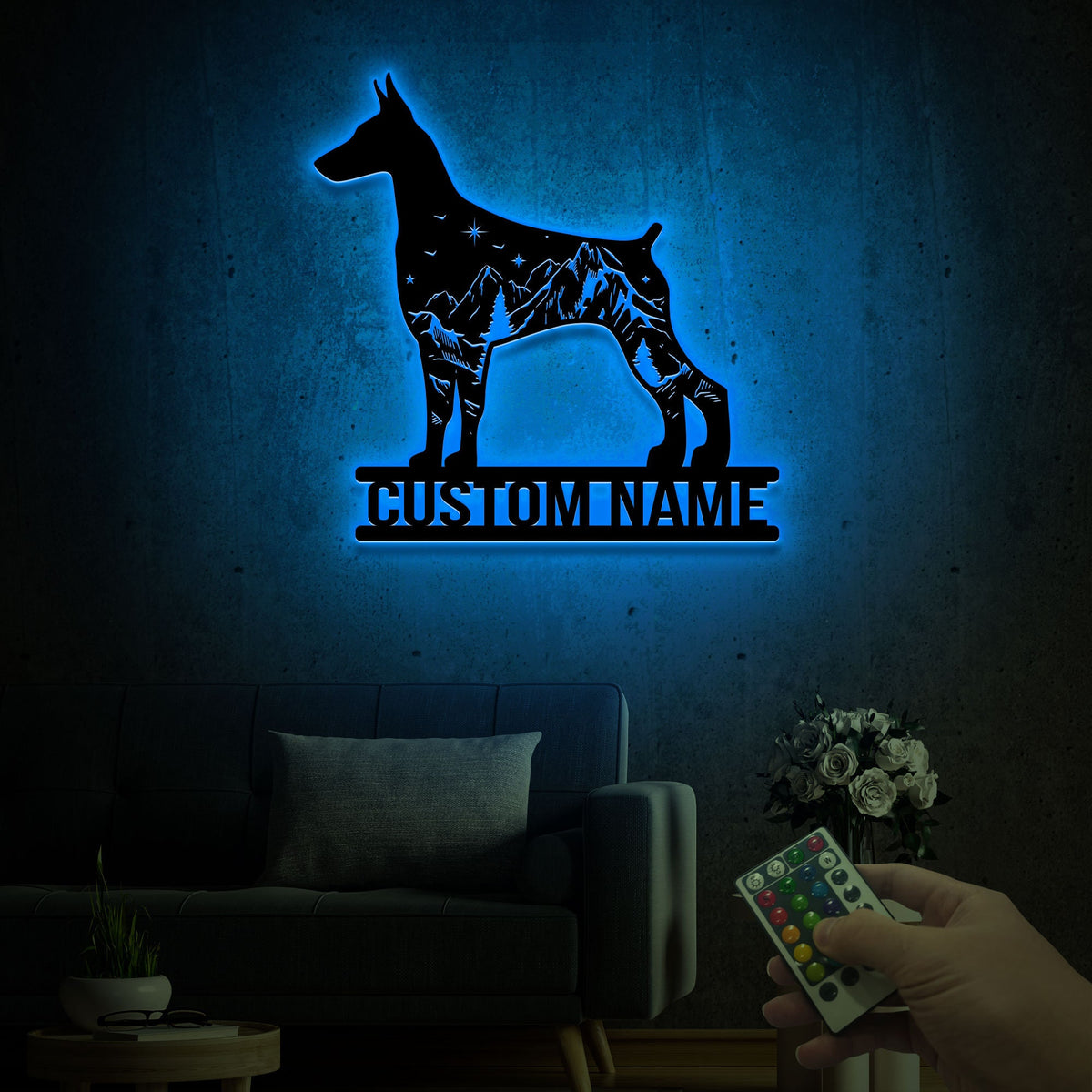 Custom Doberman Pinscher Metal Sign with LED Lights, Mountain Forest Decor