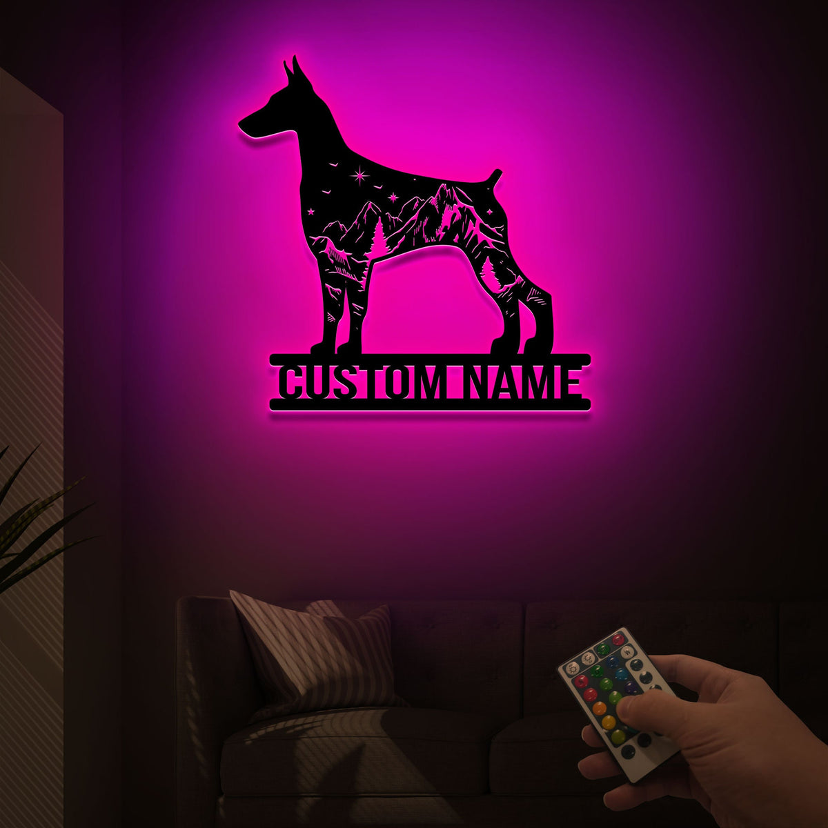 Custom Doberman Pinscher Metal Sign with LED Lights, Mountain Forest Decor