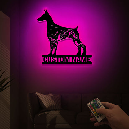 Custom Doberman Pinscher Metal Sign with LED Lights, Mountain Forest Decor