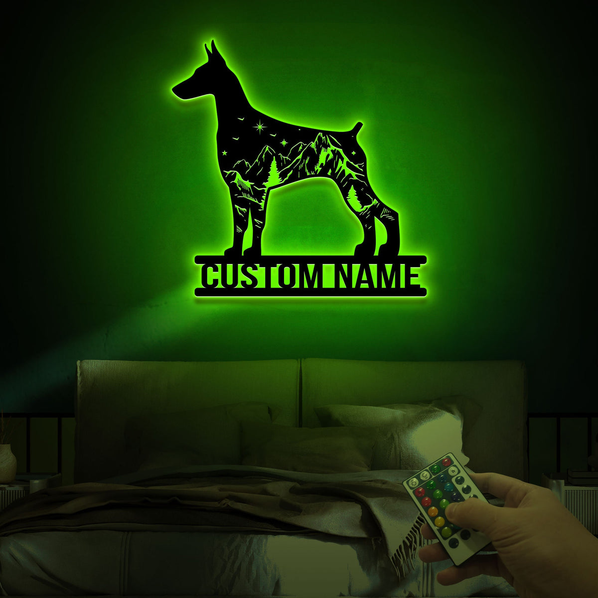 Custom Doberman Pinscher Metal Sign with LED Lights, Mountain Forest Decor