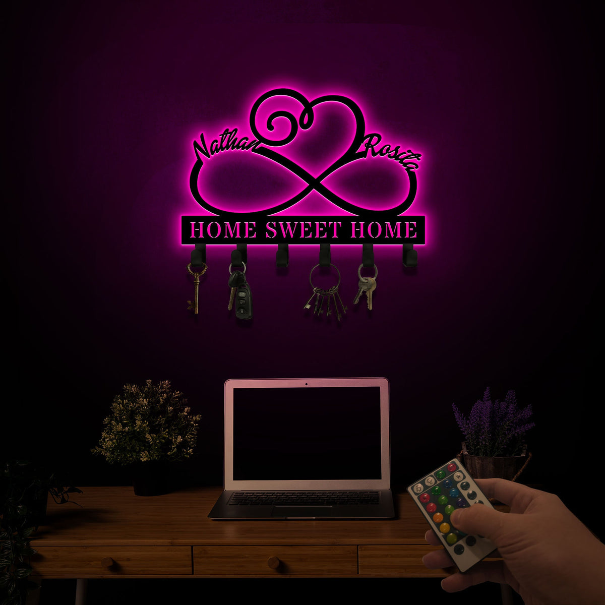 Infinity Heart Metal Key Holder, Custom Couple Name Sign, LED Lights