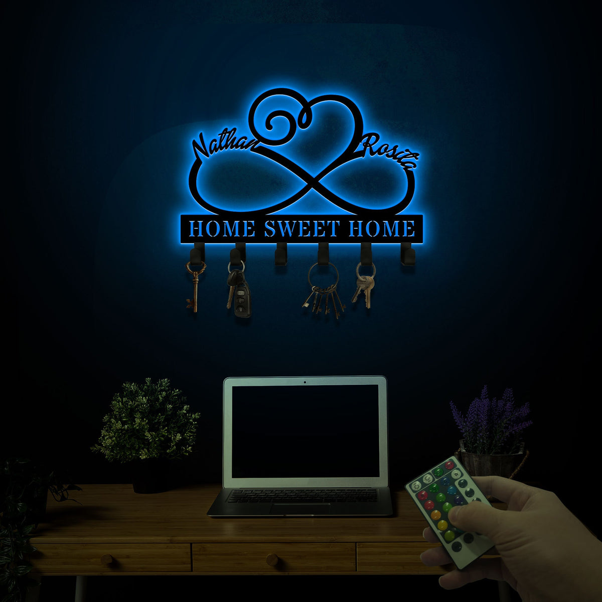 Infinity Heart Metal Key Holder, Custom Couple Name Sign, LED Lights