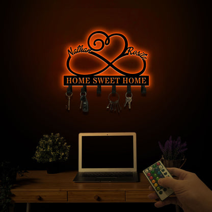 Infinity Heart Metal Key Holder, Custom Couple Name Sign, LED Lights