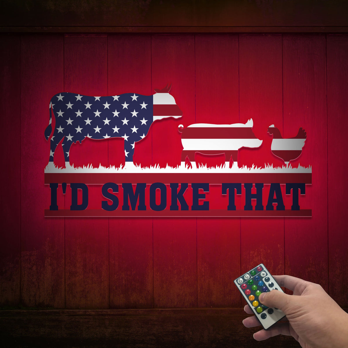 I'd Smoke That BBQ Metal Sign with LED, USA Flag Backyard Decor