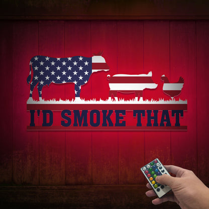 I'd Smoke That BBQ Metal Sign with LED, USA Flag Backyard Decor