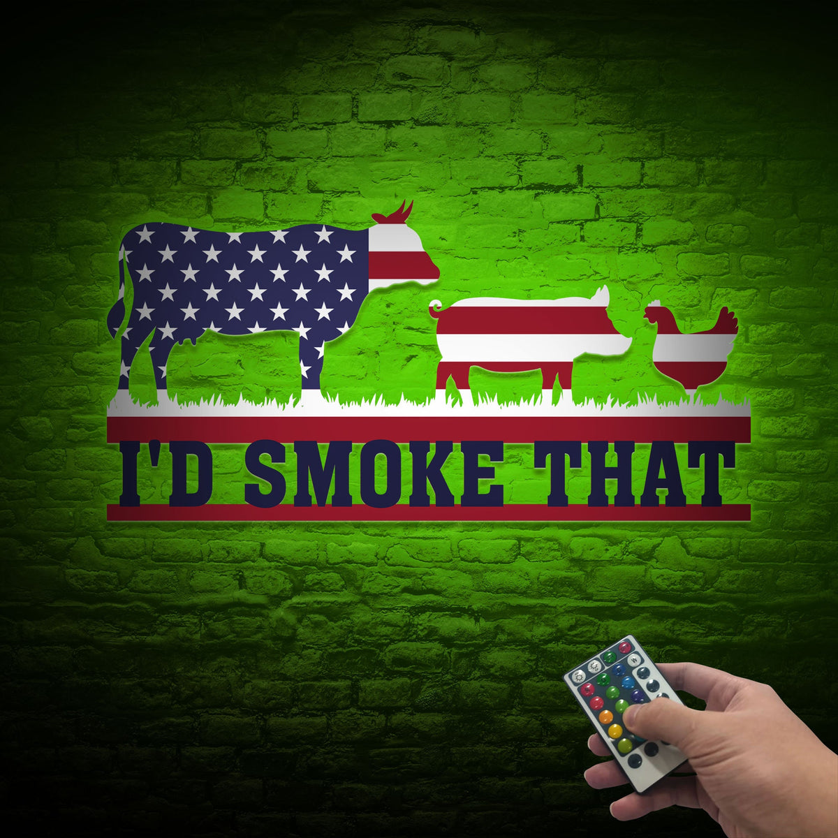 I'd Smoke That BBQ Metal Sign with LED, USA Flag Backyard Decor