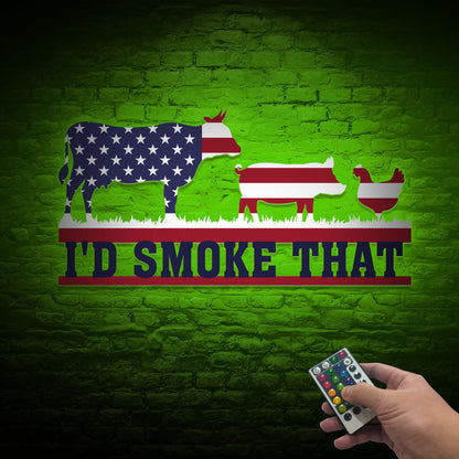 I'd Smoke That BBQ Metal Sign with LED, USA Flag Backyard Decor