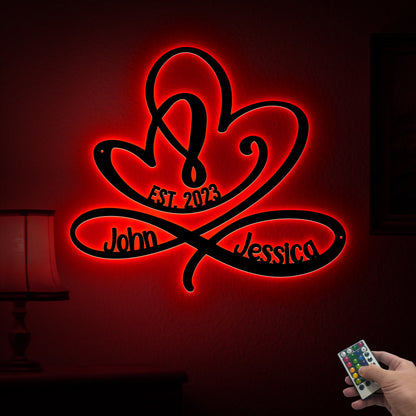 Personalized Metal Infinity Heart LED Sign, Couple Name Wall Art