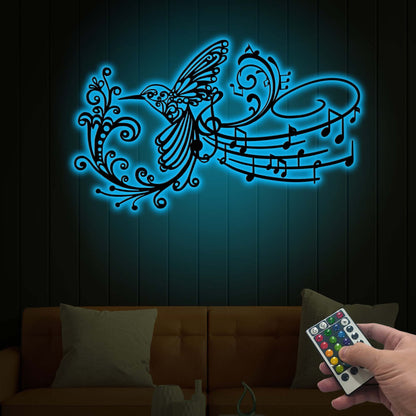 Hummingbird Music Note Metal Wall Art with LED Light