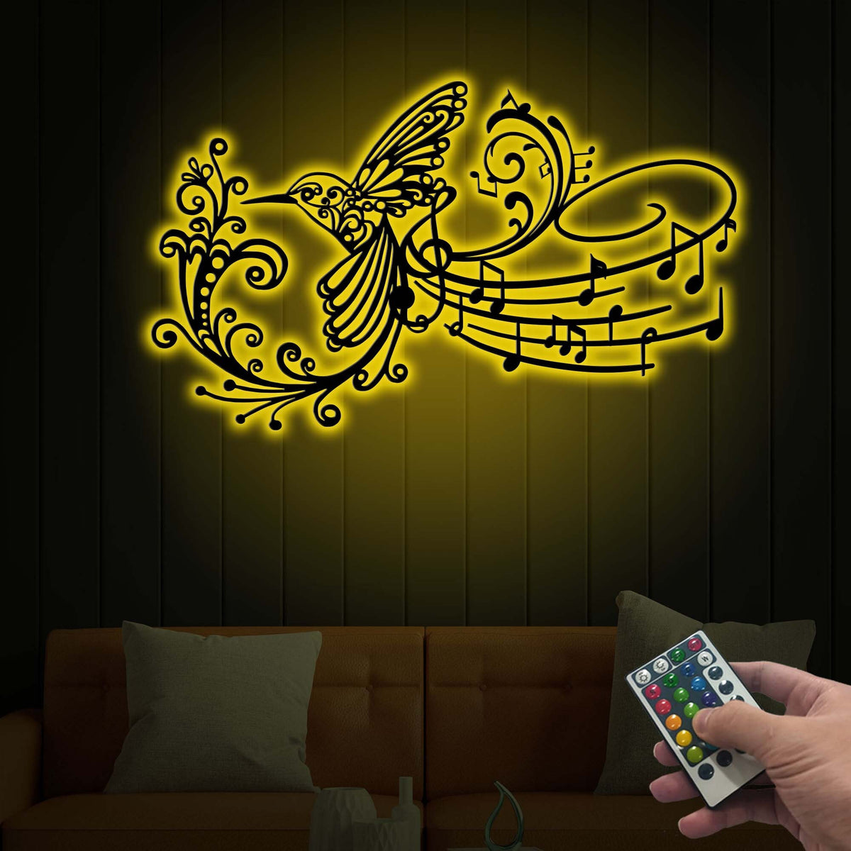 Hummingbird Music Note Metal Wall Art with LED Light