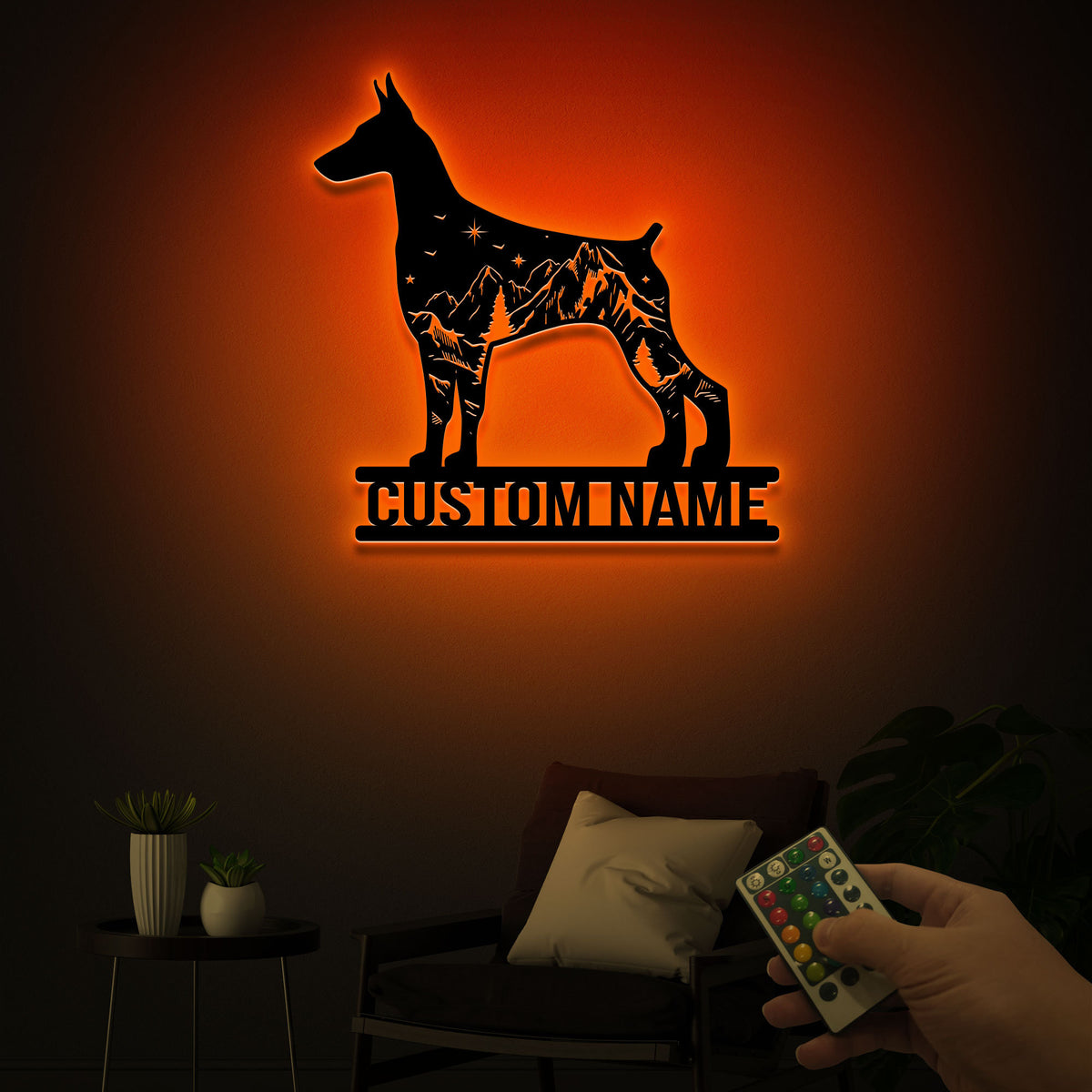 Custom Doberman Pinscher Metal Sign with LED Lights, Mountain Forest Decor