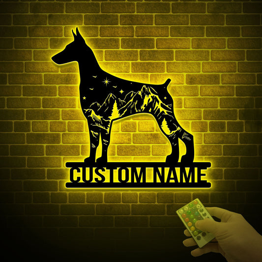 Custom Doberman Pinscher Metal Sign with LED Lights, Mountain Forest Decor
