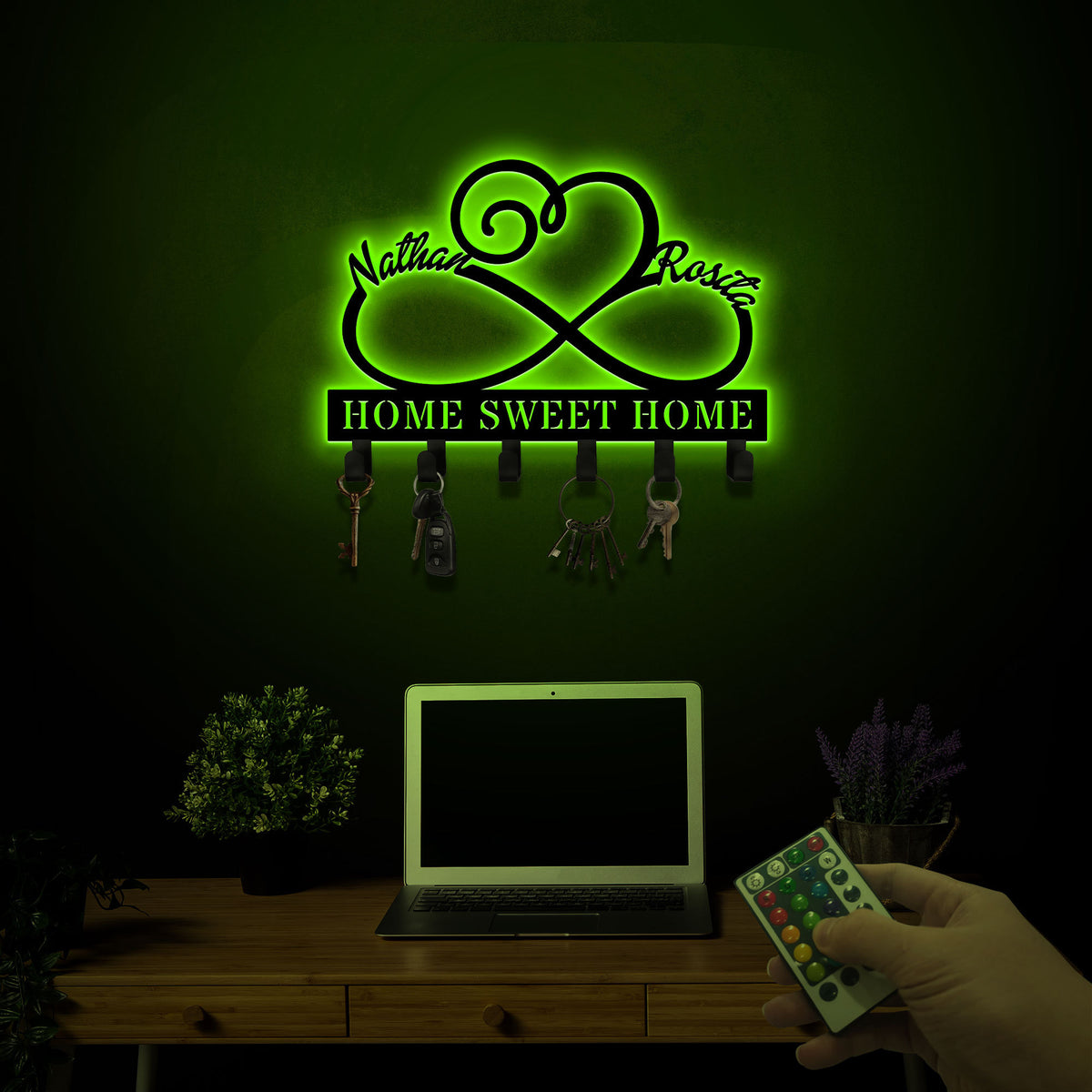Infinity Heart Metal Key Holder, Custom Couple Name Sign, LED Lights