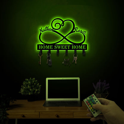 Infinity Heart Metal Key Holder, Custom Couple Name Sign, LED Lights