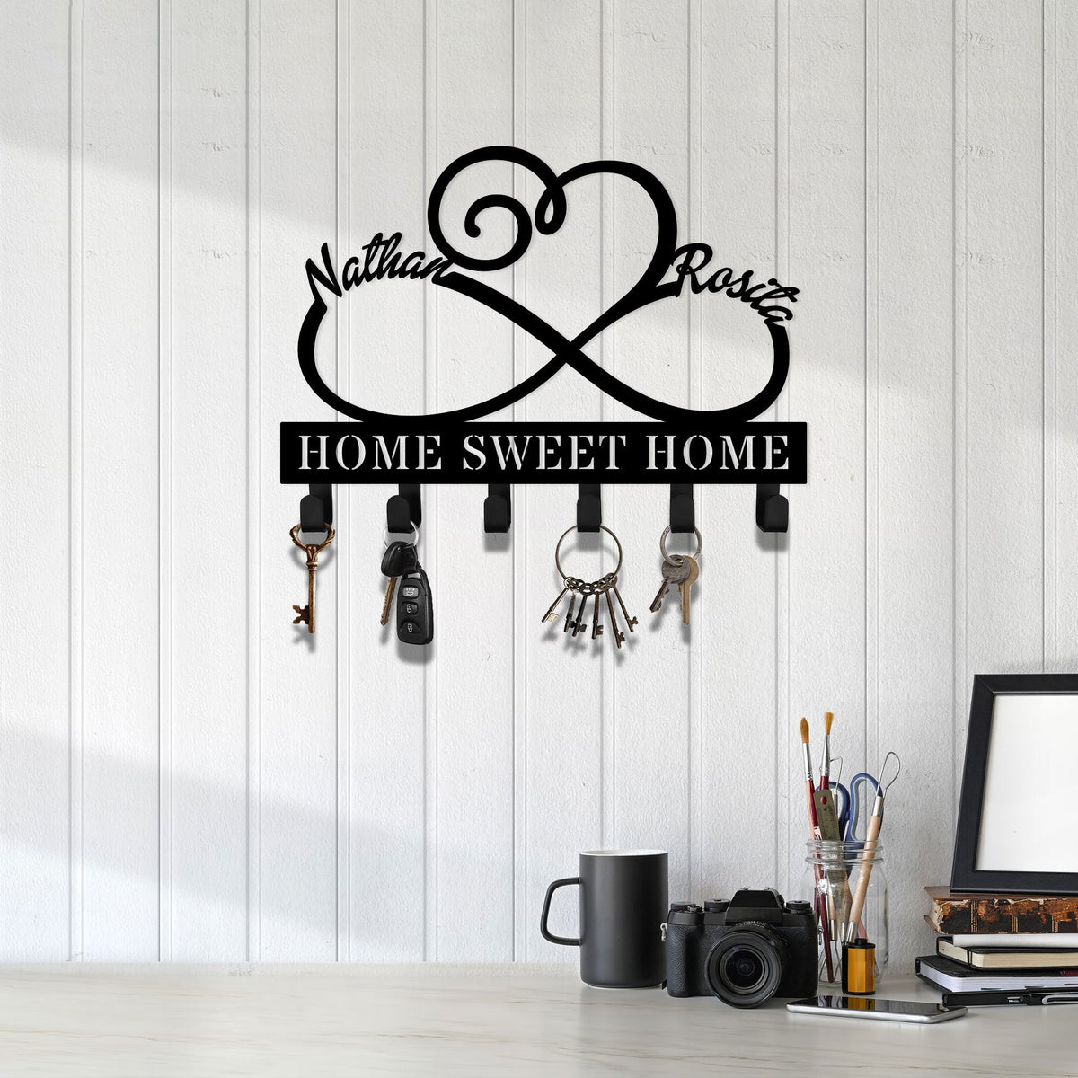 Infinity Heart Metal Key Holder, Custom Couple Name Sign, LED Lights