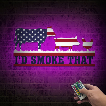 I'd Smoke That BBQ Metal Sign with LED, USA Flag Backyard Decor