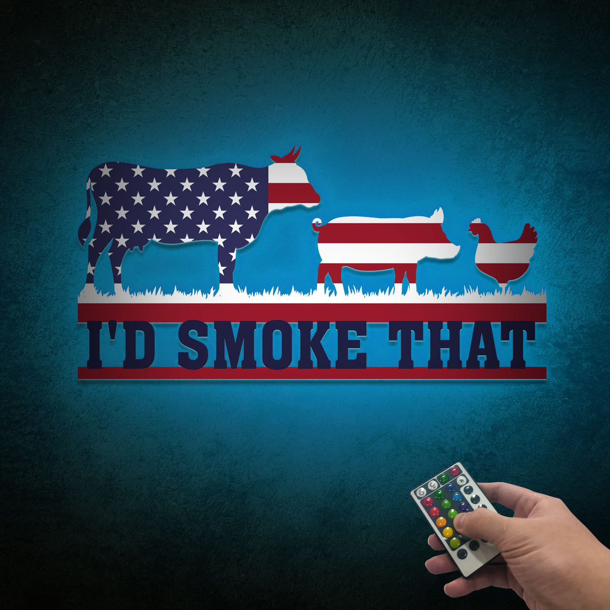 I'd Smoke That BBQ Metal Sign with LED, USA Flag Backyard Decor