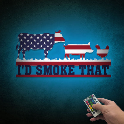 I'd Smoke That BBQ Metal Sign with LED, USA Flag Backyard Decor