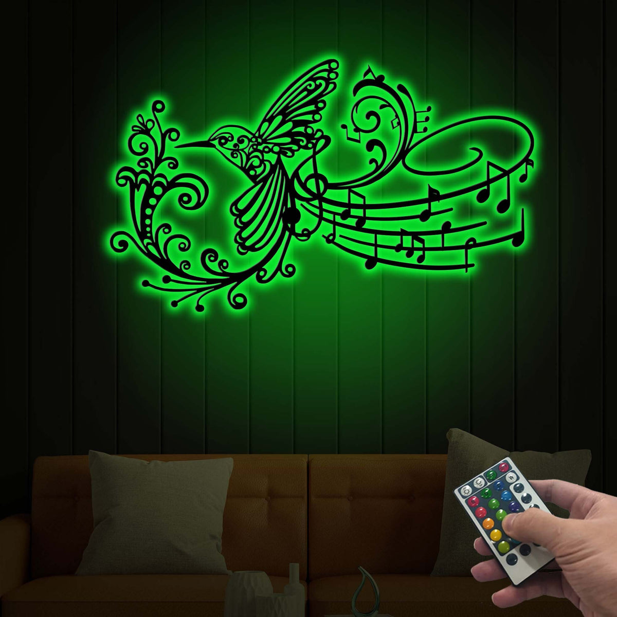 Hummingbird Music Note Metal Wall Art with LED Light