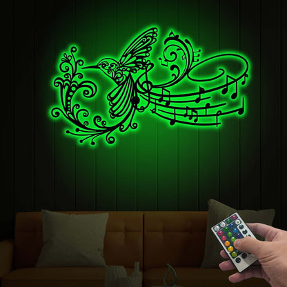 Hummingbird Music Note Metal Wall Art with LED Light