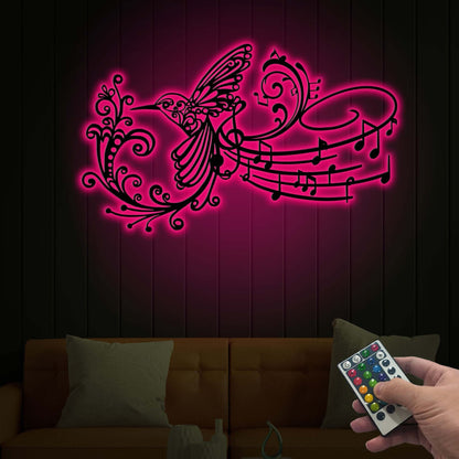 Hummingbird Music Note Metal Wall Art with LED Light