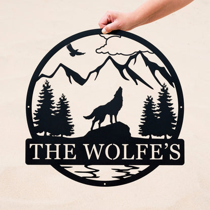 Personalized Wolf Howling Metal Ranch Sign | Custom Wolf Name Sign | Great Outdoor | Weatherproof Sign | Farm Sign | Custom Metal Cabin Sign