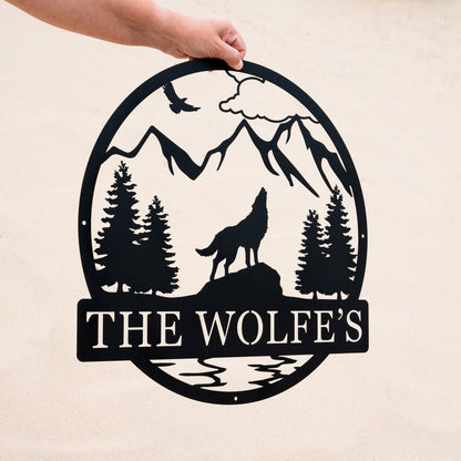 Personalized Wolf Howling Metal Ranch Sign | Custom Wolf Name Sign | Great Outdoor | Weatherproof Sign | Farm Sign | Custom Metal Cabin Sign