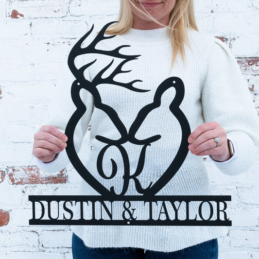 Metal Deer Letter Monogram with Names | Cabin Wall Monogram Sign | Deer Hunter Gift | Couples Gift | Letter Decor | Wedding Gift, Metal Sign