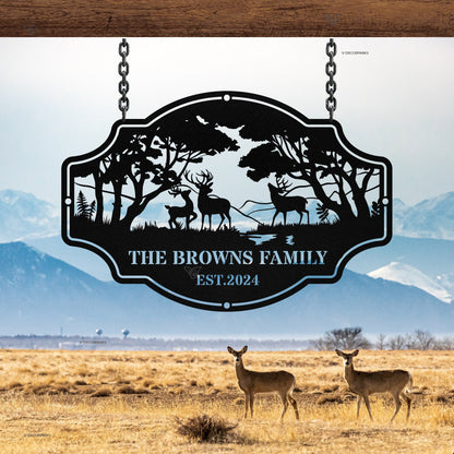 Personalized Deer Metal Cabin Sign, Deer Hunter Gift, Custom Family Name Sign, Custom Last Name Monogram, Outdoor Decor, Cabin Decor