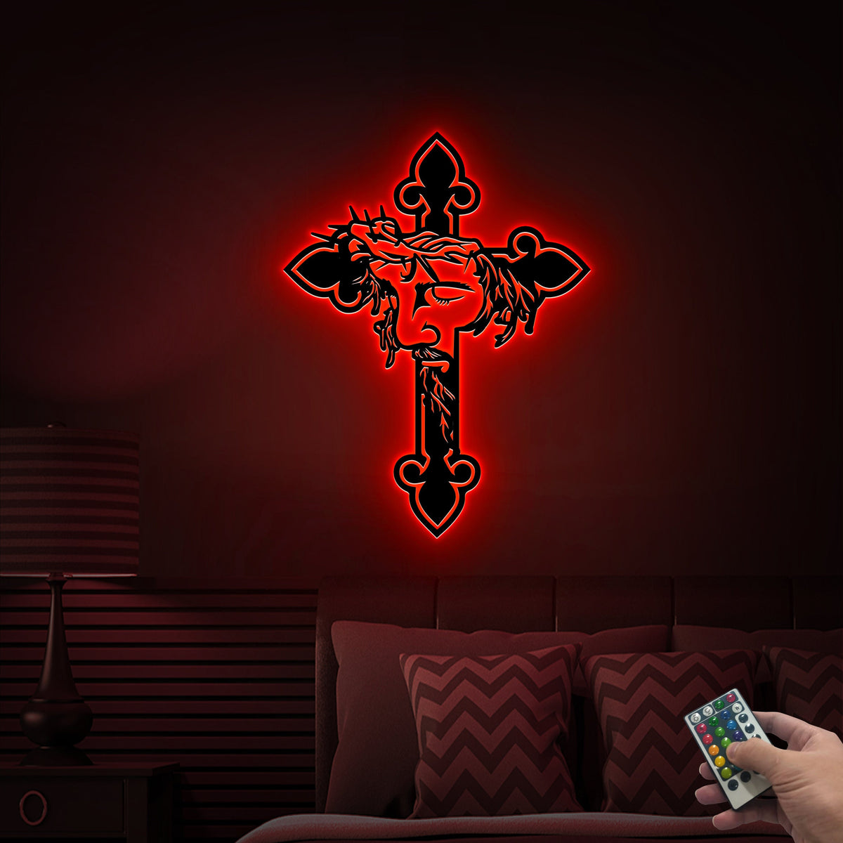 Jesus Cross Metal Wall Art with LED Lights, Religious Home Decor