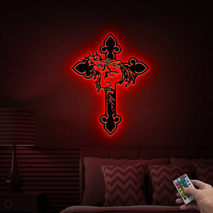 Jesus Cross Metal Wall Art with LED Lights, Religious Home Decor