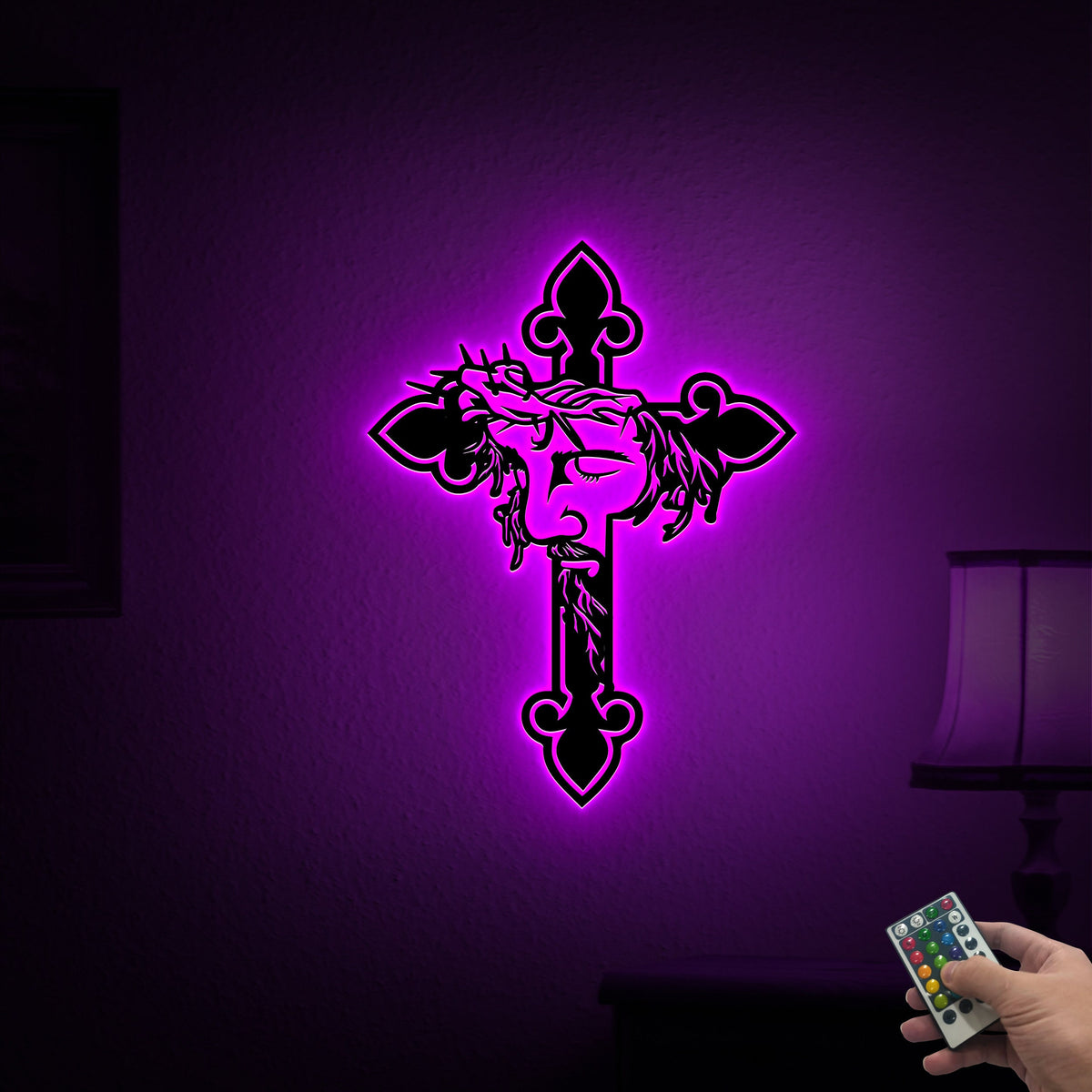 Jesus Cross Metal Wall Art with LED Lights, Religious Home Decor