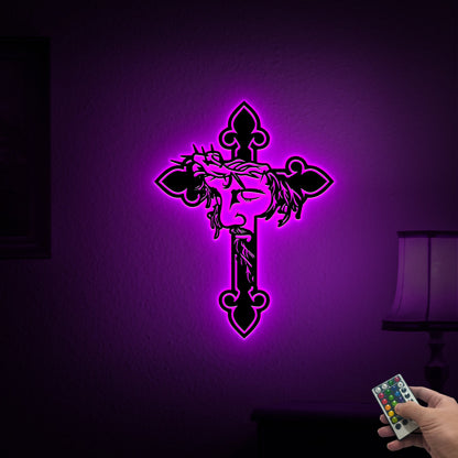 Jesus Cross Metal Wall Art with LED Lights, Religious Home Decor