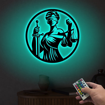 Lady Justice Metal Wall Art with LED Lights, Law Office Decor