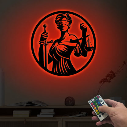 Lady Justice Metal Wall Art with LED Lights, Law Office Decor