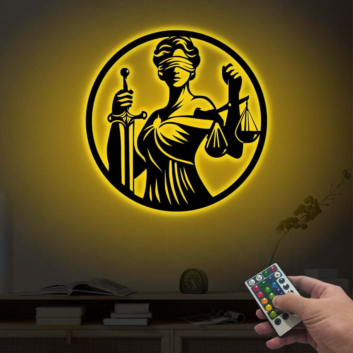 Lady Justice Metal Wall Art with LED Lights, Law Office Decor