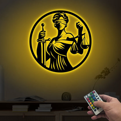 Lady Justice Metal Wall Art with LED Lights, Law Office Decor