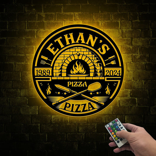 Custom Pizza Oven Metal Sign, Personalized Chef Name, LED Light Option