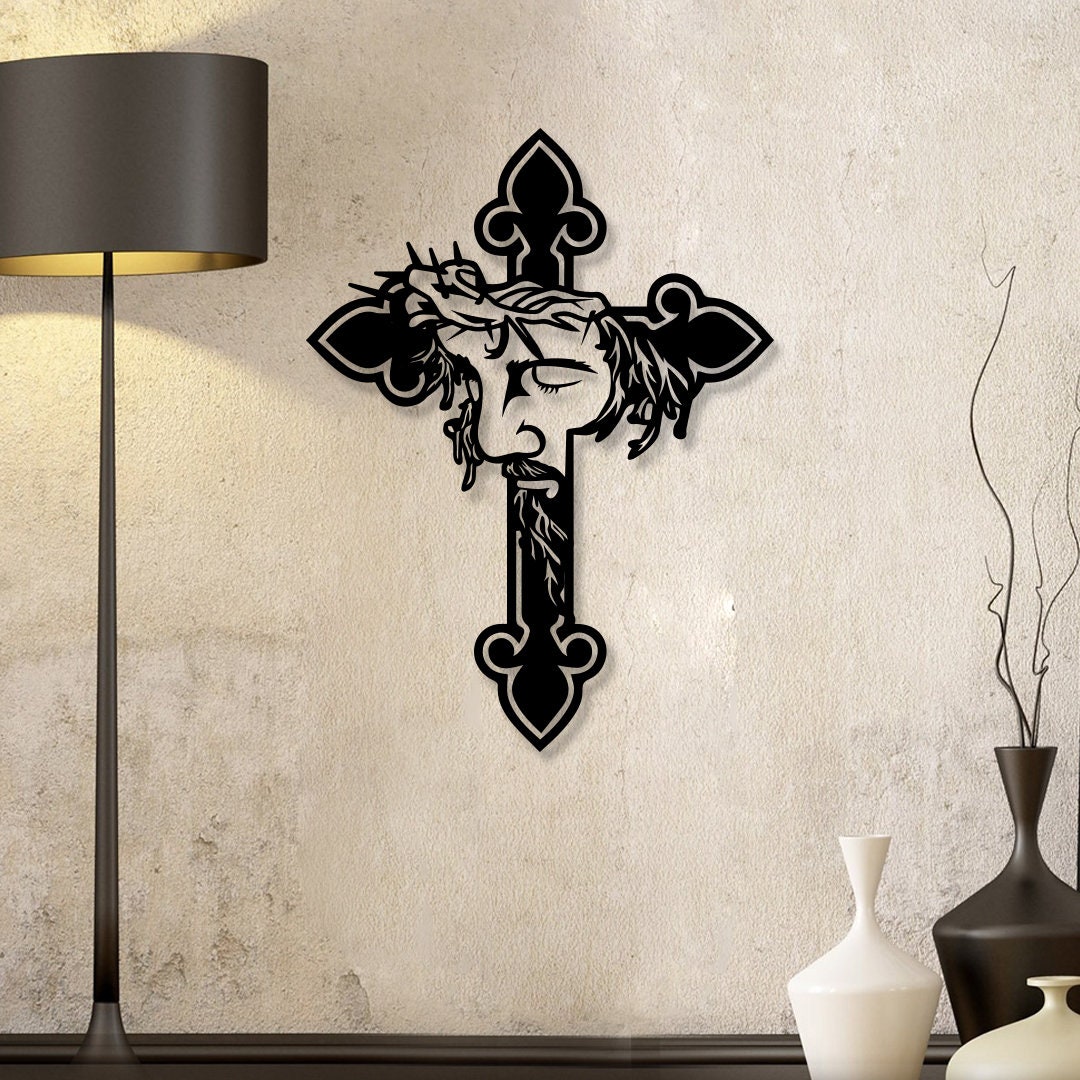 Jesus Cross Metal Wall Art with LED Lights, Religious Home Decor