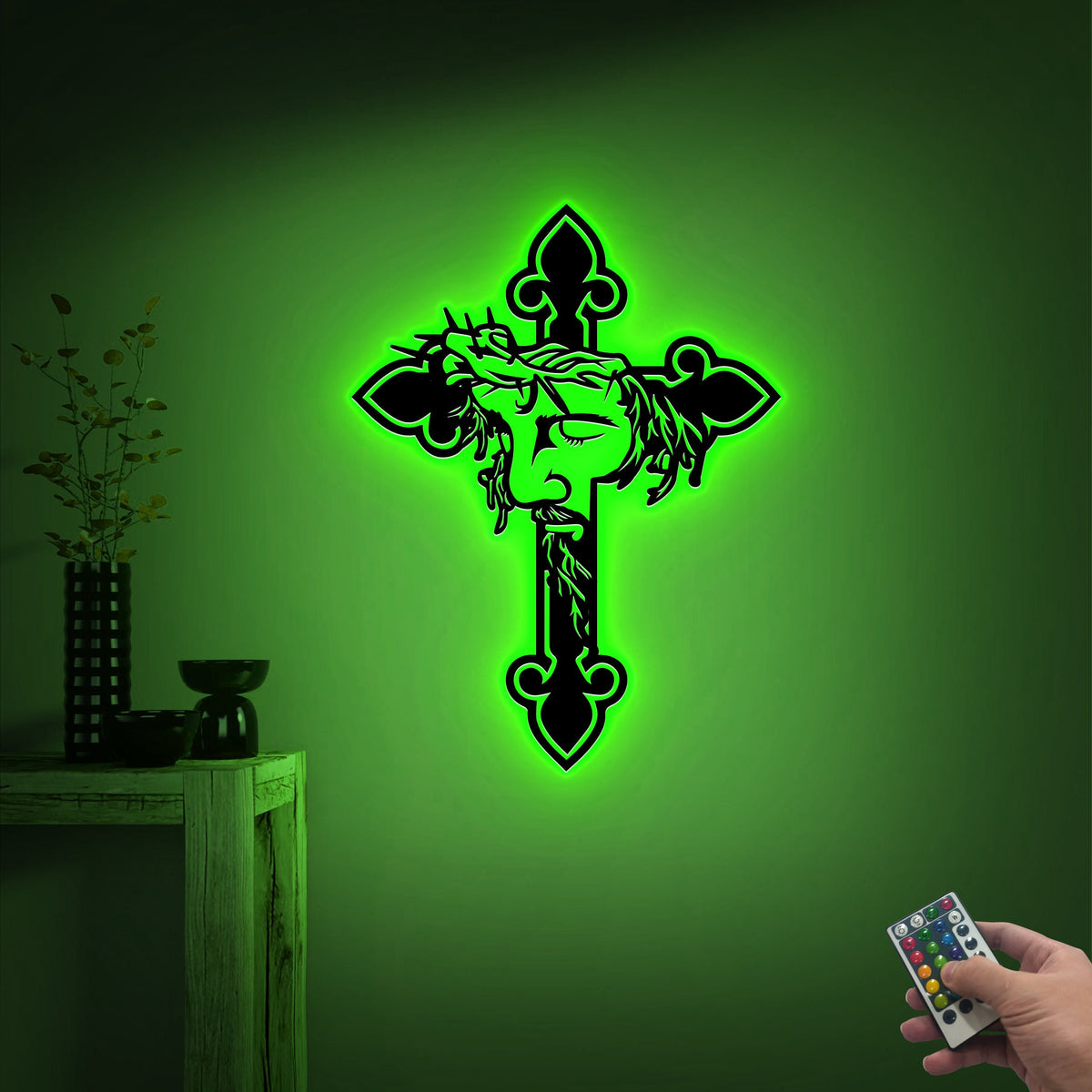 Jesus Cross Metal Wall Art with LED Lights, Religious Home Decor