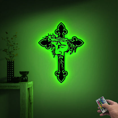 Jesus Cross Metal Wall Art with LED Lights, Religious Home Decor