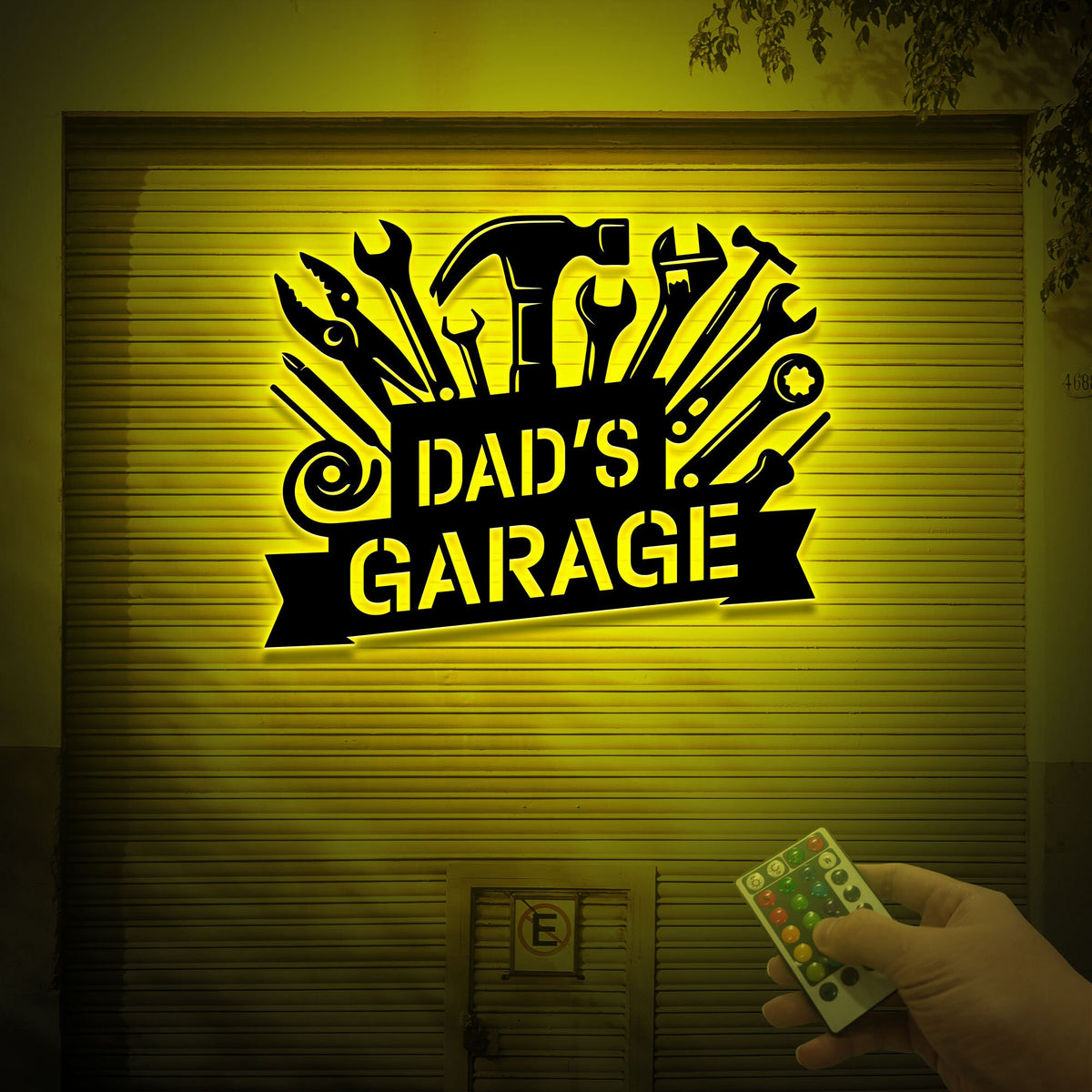 Personalized Dad's Garage Metal Sign, LED Light, Workshop Wall Art
