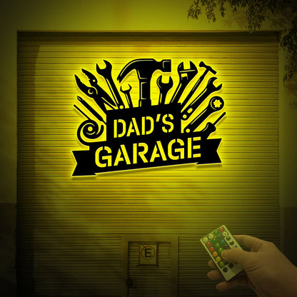Personalized Dad's Garage Metal Sign, LED Light, Workshop Wall Art
