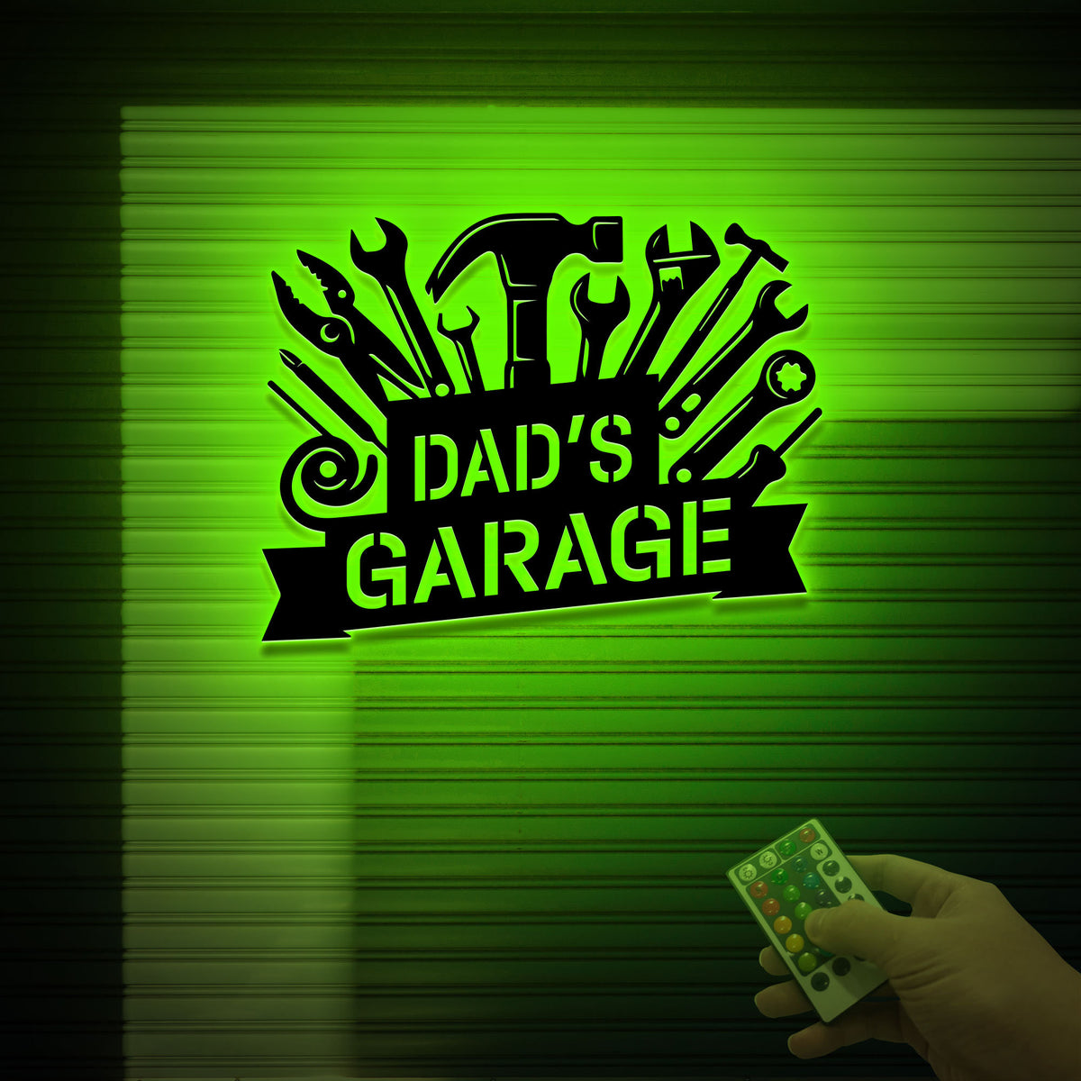 Personalized Dad's Garage Metal Sign, LED Light, Workshop Wall Art