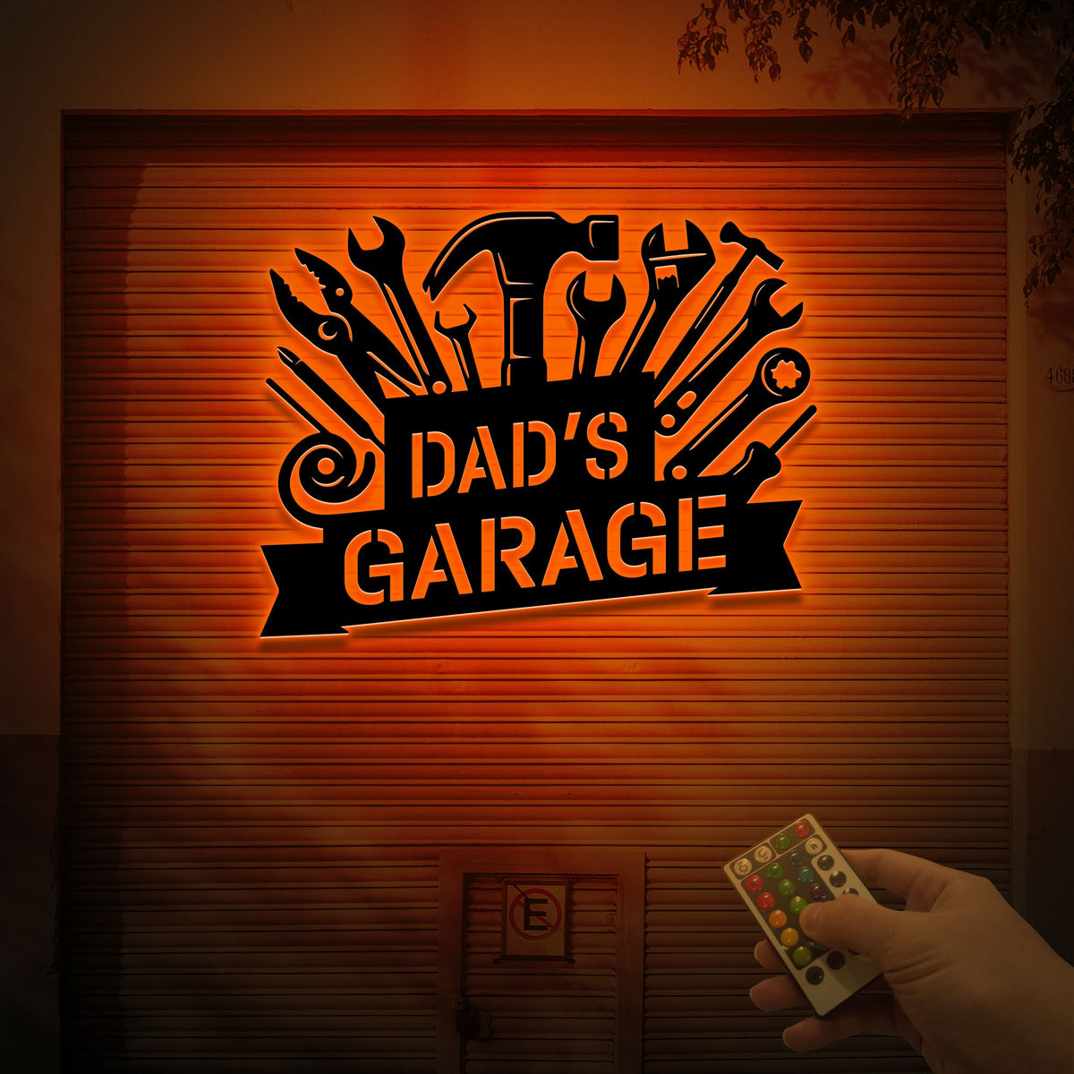 Personalized Dad's Garage Metal Sign, LED Light, Workshop Wall Art