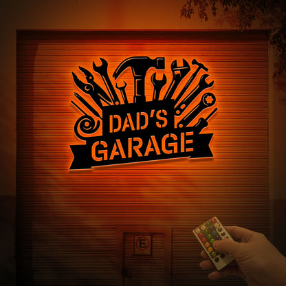 Personalized Dad's Garage Metal Sign, LED Light, Workshop Wall Art